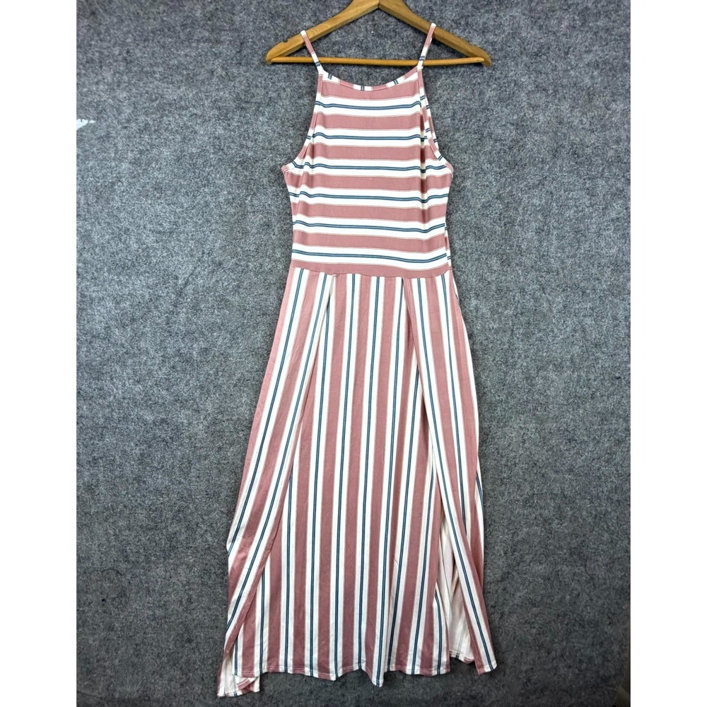 Caution To The Wind Maxi Dress Womens S Pink White Striped Sleeveless Side Slit